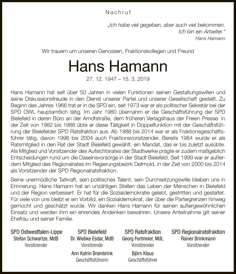  Traueranzeige für Hans Hamann vom 19.03.2019 aus Neue Westfälische