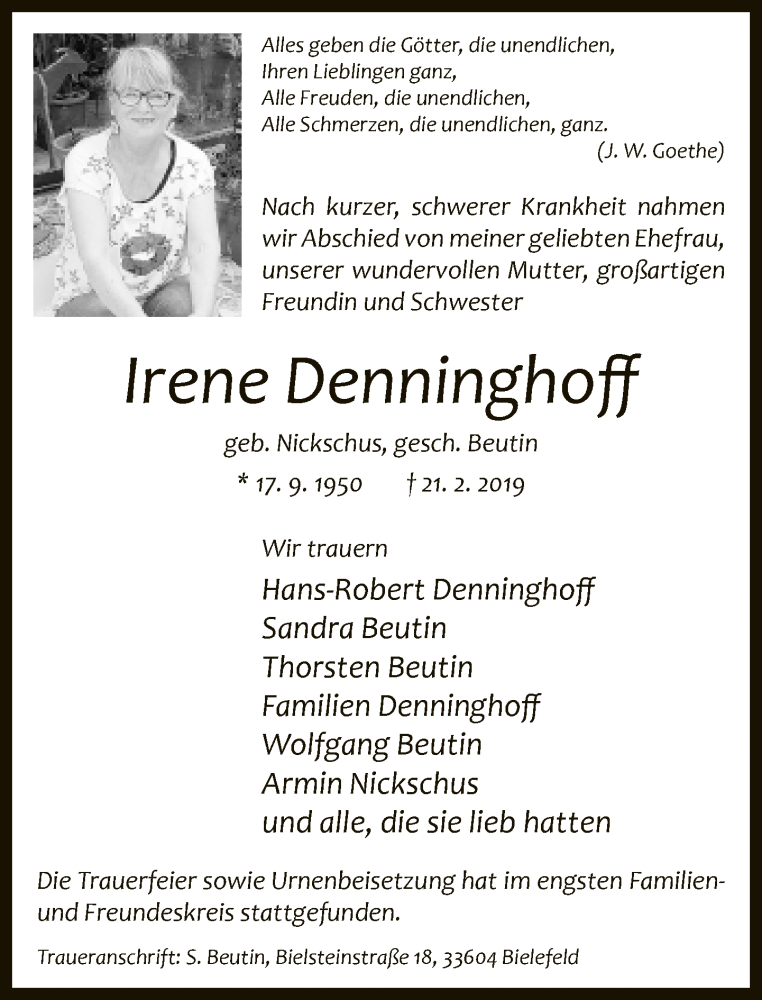  Traueranzeige für Irene Denninghoff vom 23.03.2019 aus Neue Westfälische