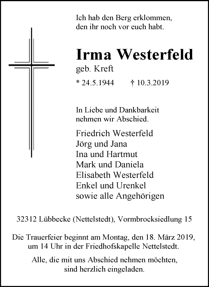  Traueranzeige für Irma Westerfeld vom 14.03.2019 aus Neue Westfälische