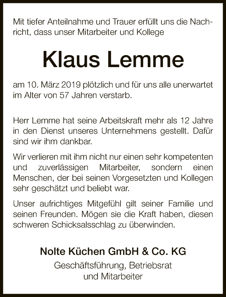  Traueranzeige für Klaus Lemme vom 19.03.2019 aus Neue Westfälische