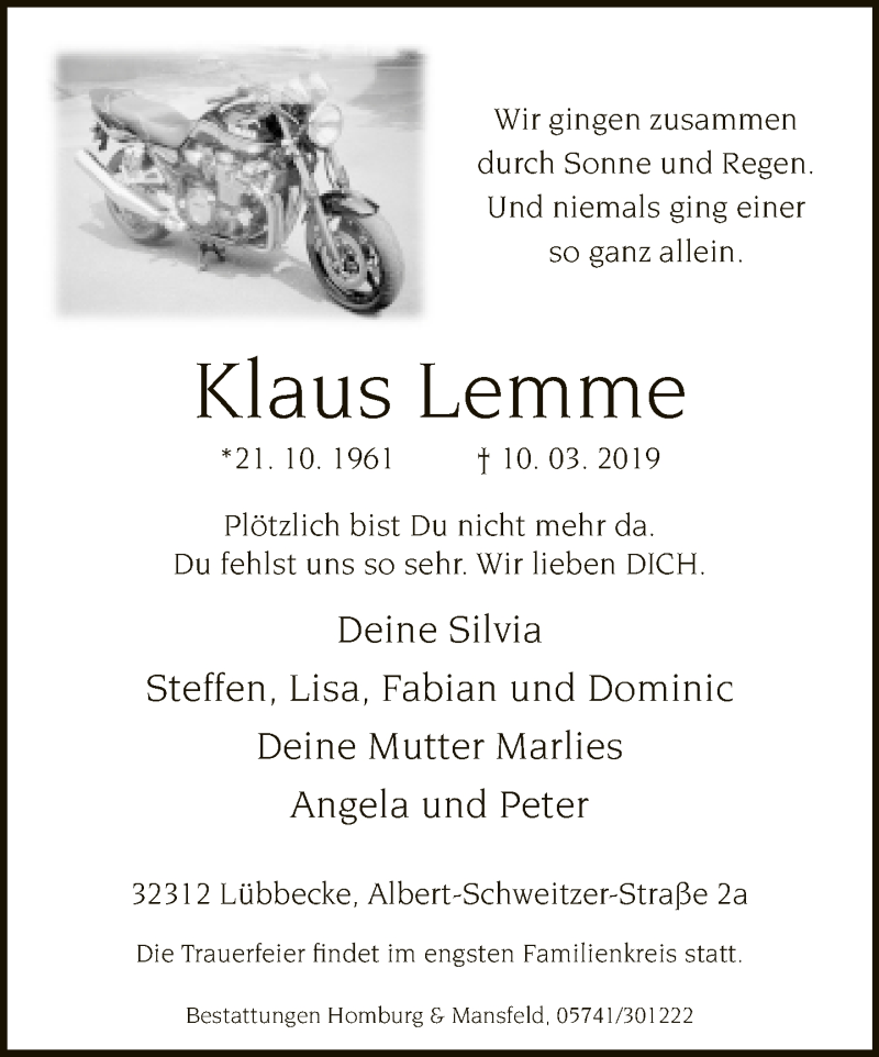  Traueranzeige für Klaus Lemme vom 12.03.2019 aus Neue Westfälische