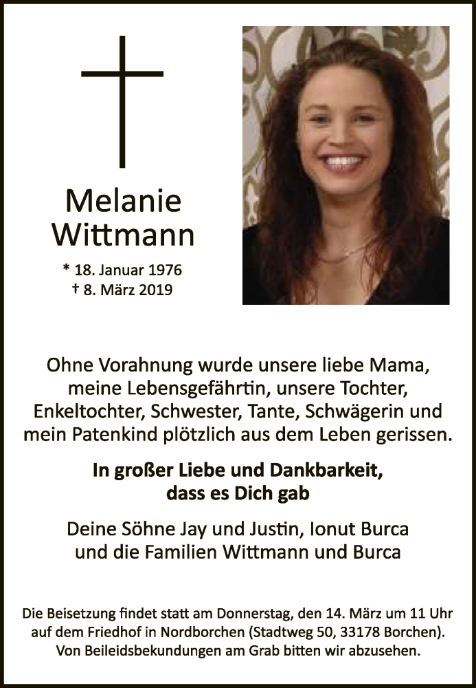  Traueranzeige für Melanie Wittmann vom 12.03.2019 aus Neue Westfälische