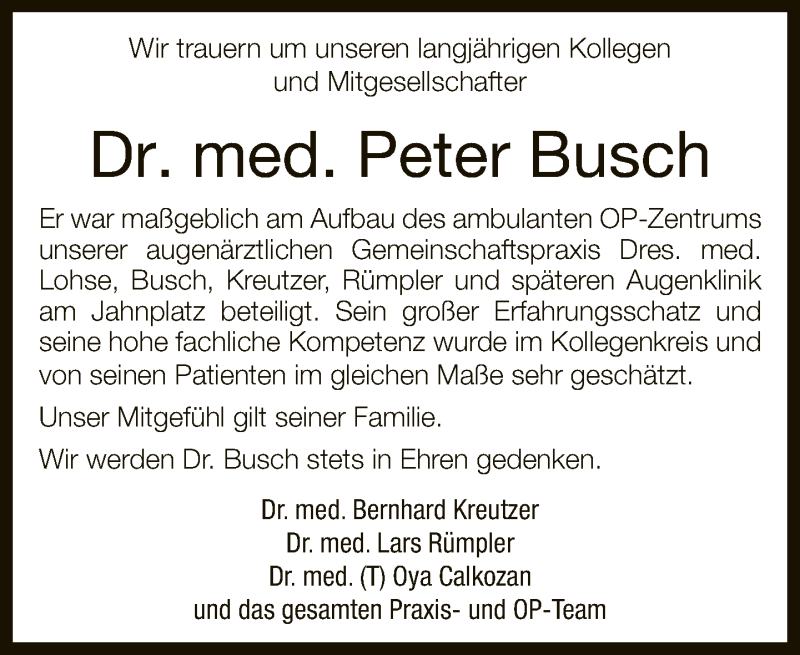  Traueranzeige für Peter Busch vom 02.03.2019 aus Neue Westfälische