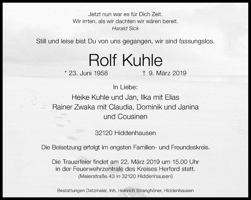  Traueranzeige für Rolf Kuhle vom 13.03.2019 aus Neue Westfälische
