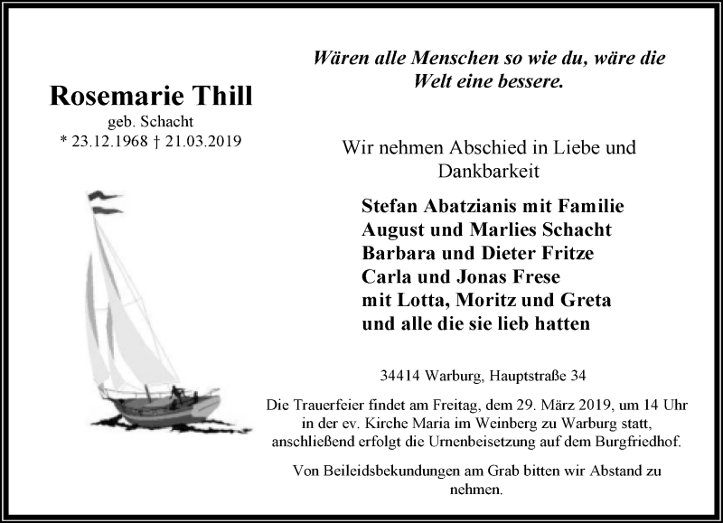 Traueranzeige für Rosemarie Thill vom 23.03.2019 aus Neue Westfälische