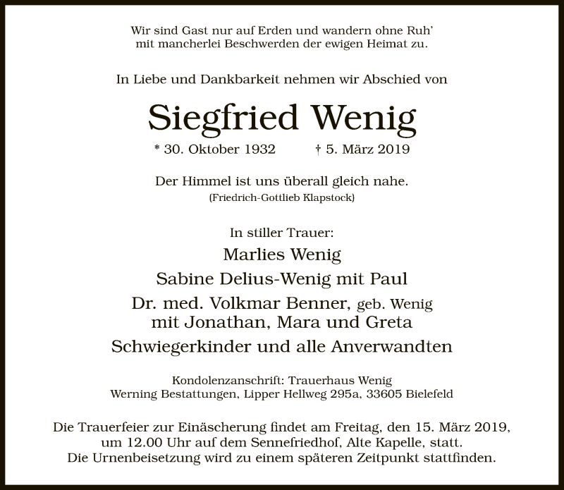  Traueranzeige für Siegfried Wenig vom 09.03.2019 aus Neue Westfälische