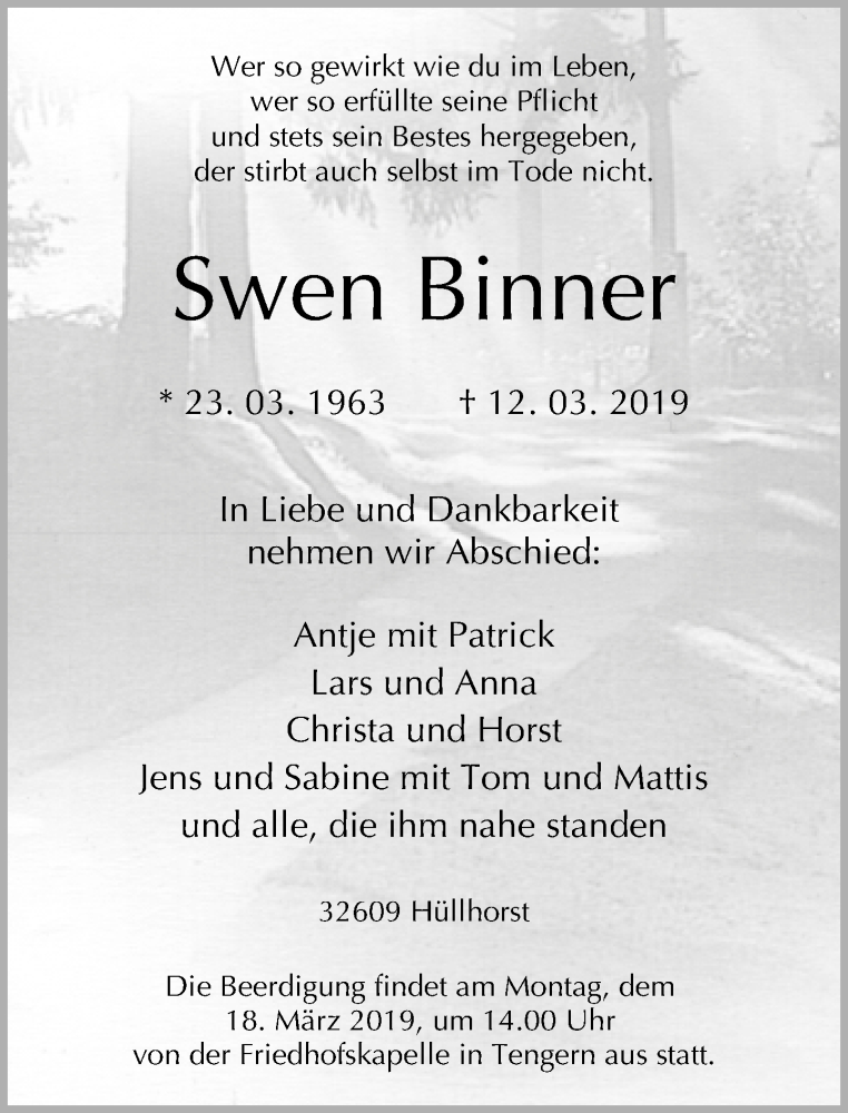  Traueranzeige für Swen Binner vom 14.03.2019 aus Neue Westfälische