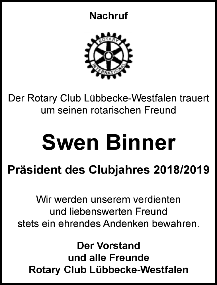  Traueranzeige für Swen Binner vom 16.03.2019 aus Neue Westfälische