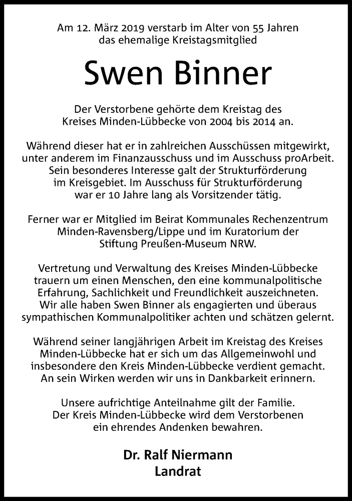  Traueranzeige für Swen Binner vom 16.03.2019 aus Neue Westfälische
