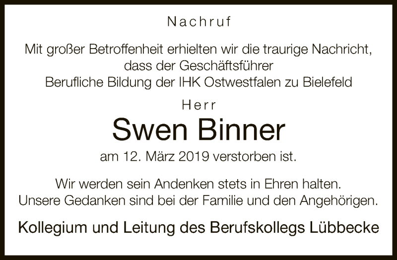  Traueranzeige für Swen Binner vom 18.03.2019 aus Neue Westfälische