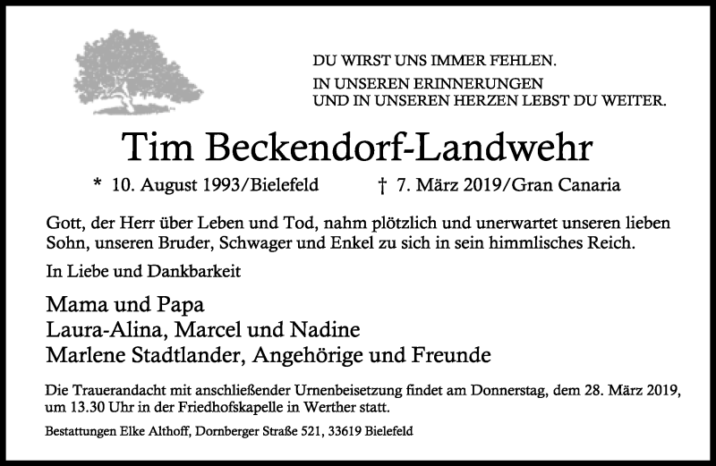  Traueranzeige für Tim Beckendorf-Landwehr vom 23.03.2019 aus Neue Westfälische