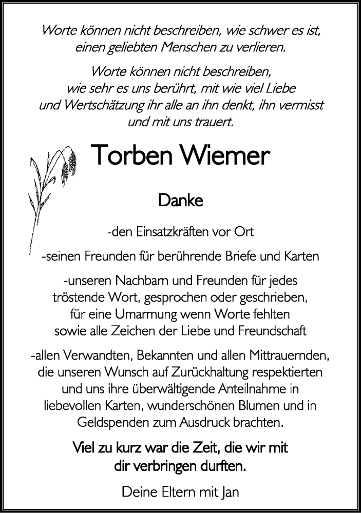  Traueranzeige für Torben Wiemer vom 16.03.2019 aus Neue Westfälische