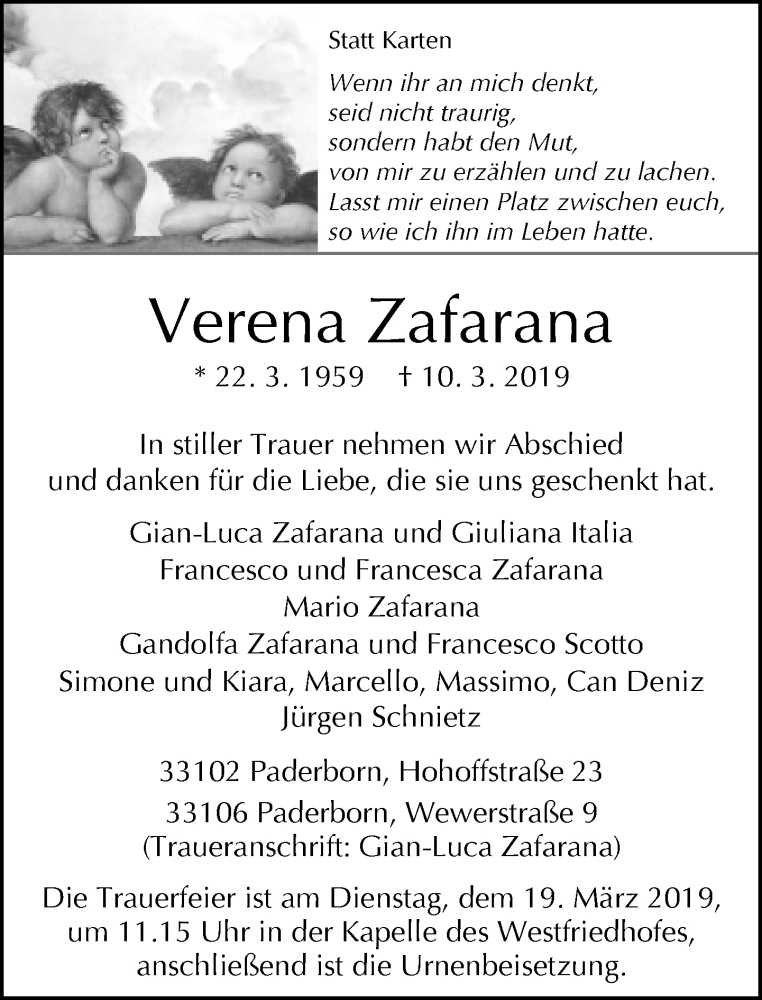  Traueranzeige für Verena Zafarana vom 14.03.2019 aus Neue Westfälische