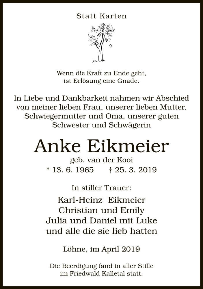  Traueranzeige für Anke Eikmeier vom 19.04.2019 aus Neue Westfälische