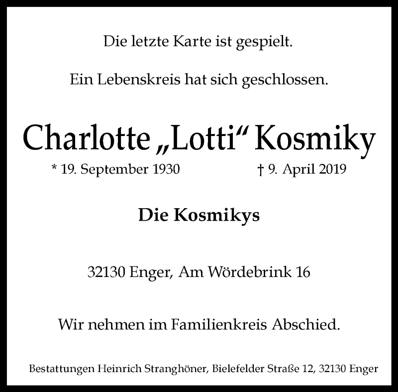 Traueranzeige für Charlotte Kosmiky vom 12.04.2019 aus Neue Westfälische
