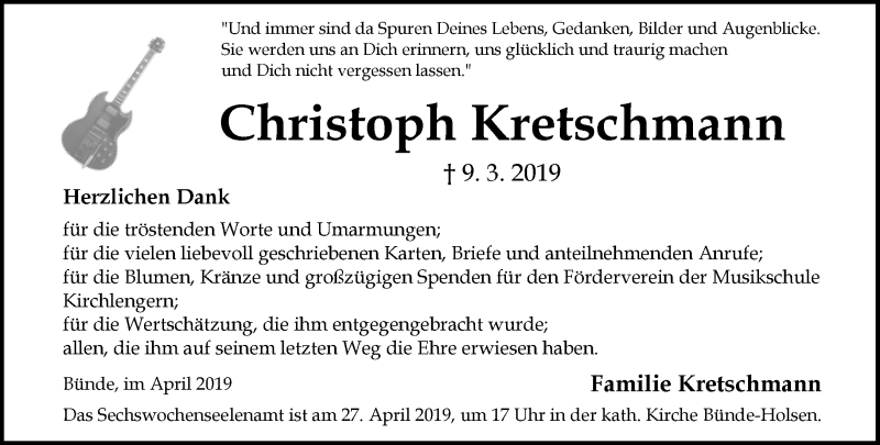  Traueranzeige für Christoph Kretschmann vom 06.04.2019 aus Neue Westfälische