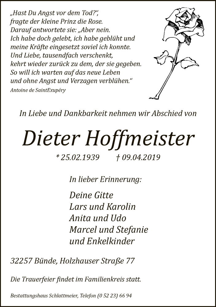  Traueranzeige für Dieter Hoffmeister vom 13.04.2019 aus Neue Westfälische