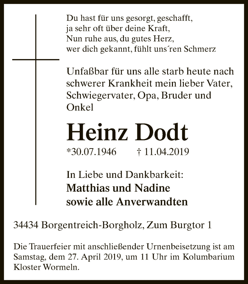  Traueranzeige für Heinz Dodt vom 13.04.2019 aus Neue Westfälische