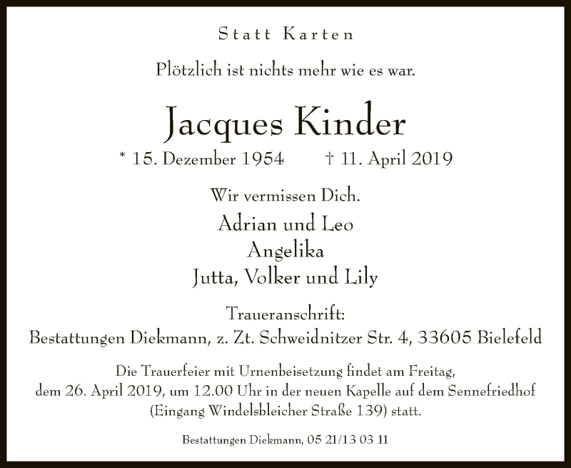  Traueranzeige für Jacques Kinder vom 19.04.2019 aus Neue Westfälische