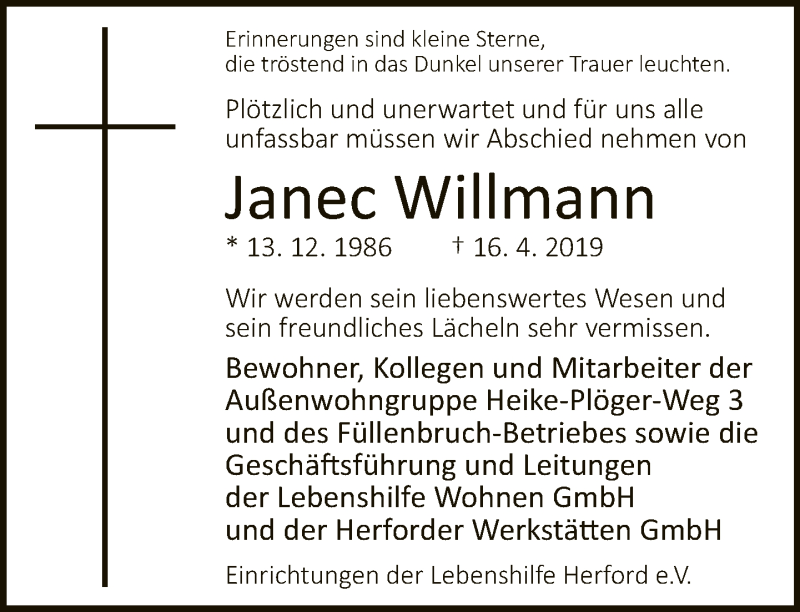  Traueranzeige für Janec Willmann vom 19.04.2019 aus Neue Westfälische