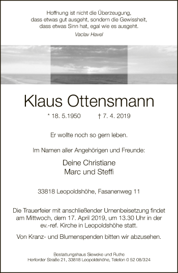 Traueranzeige von Klaus Ottensmann