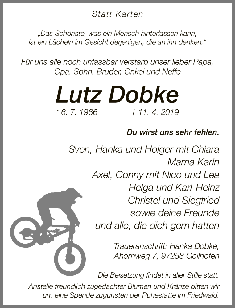  Traueranzeige für Lutz Dobke vom 19.04.2019 aus Neue Westfälische