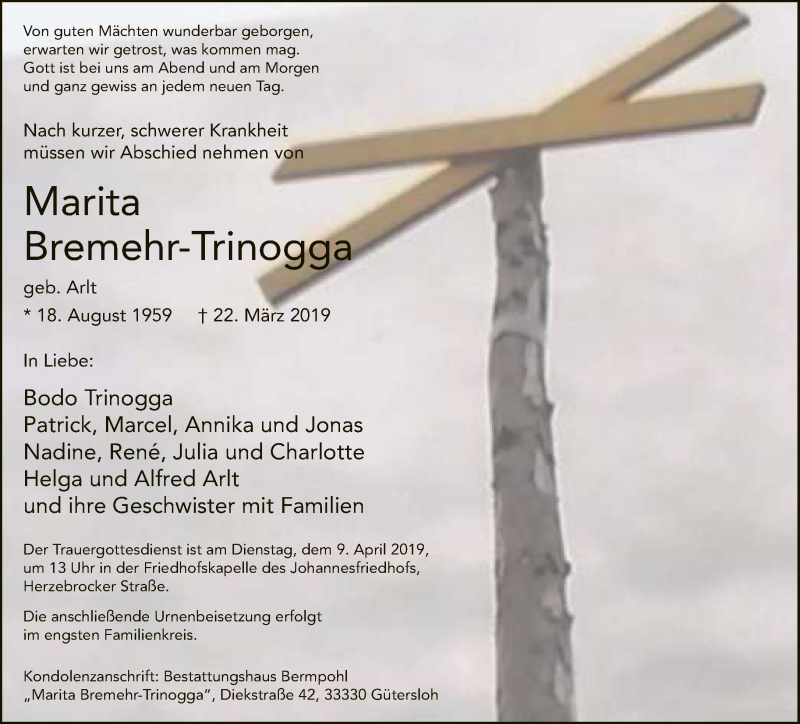  Traueranzeige für Marita Bremehr-Trinogga vom 02.04.2019 aus Neue Westfälische
