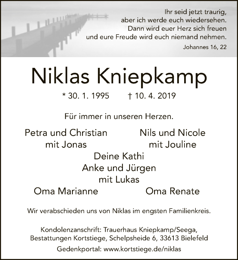  Traueranzeige für Niklas Kniepkamp vom 13.04.2019 aus Neue Westfälische