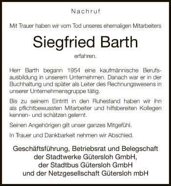 Traueranzeige von Siegfried Barth