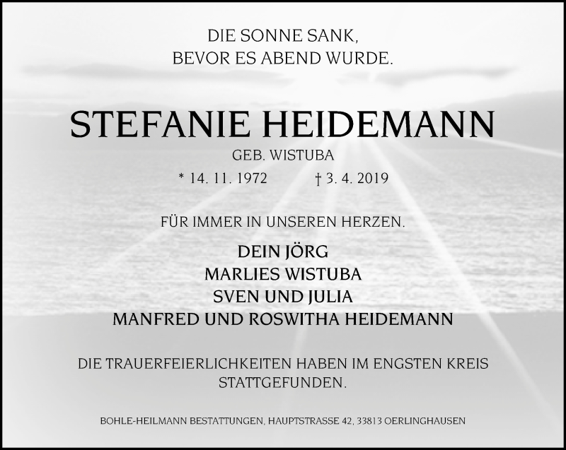 Traueranzeige für Stefanie Heidemann vom 13.04.2019 aus Neue Westfälische
