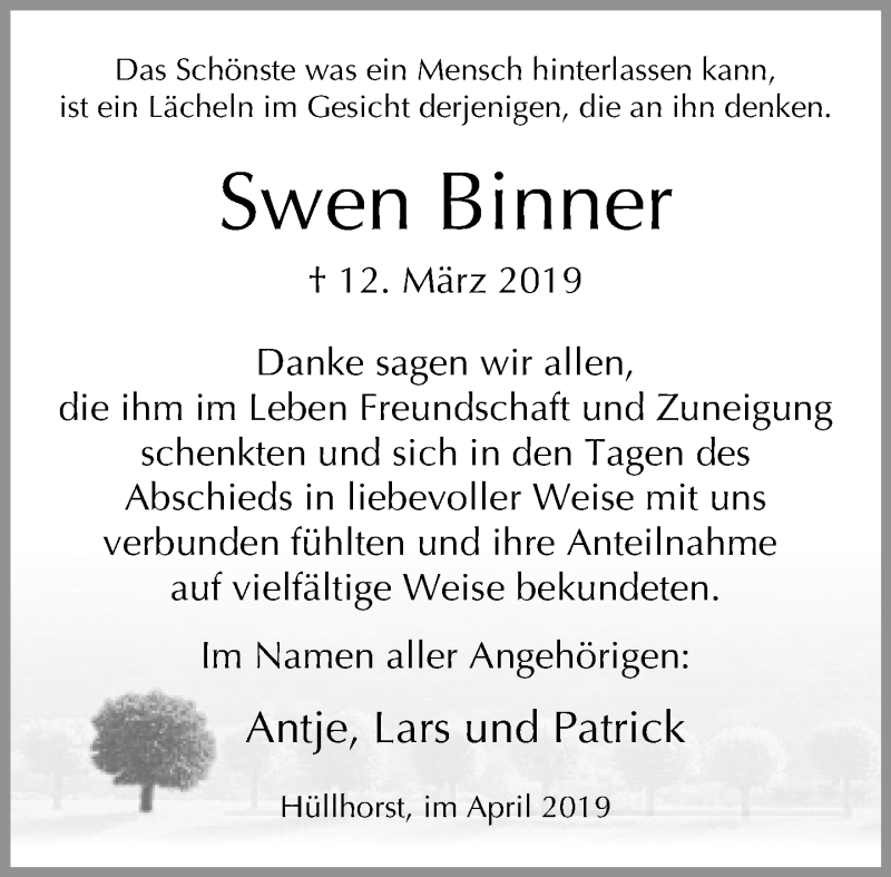  Traueranzeige für Swen Binner vom 06.04.2019 aus Neue Westfälische