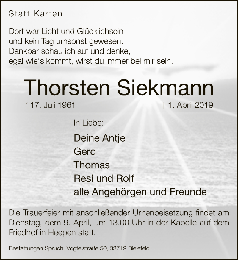  Traueranzeige für Thorsten Siekmann vom 06.04.2019 aus Neue Westfälische