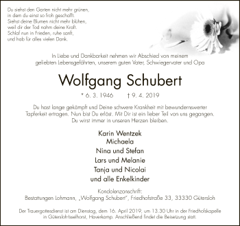 Traueranzeige von Wolfgang Schubert