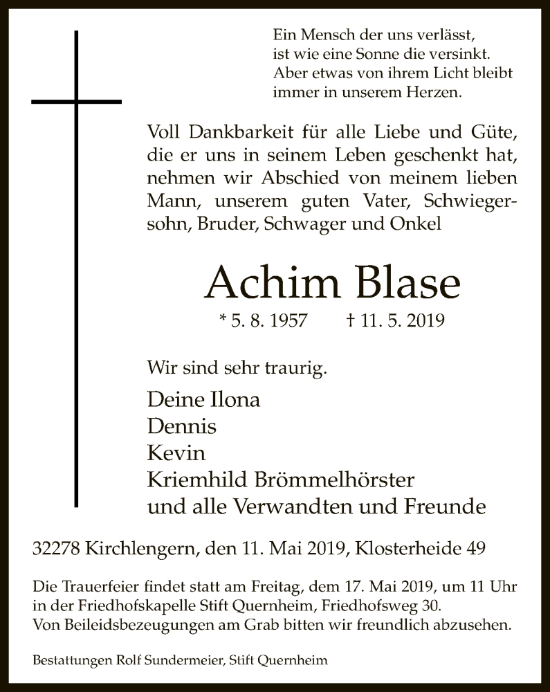  Traueranzeige für Achim Blase vom 15.05.2019 aus Neue Westfälische