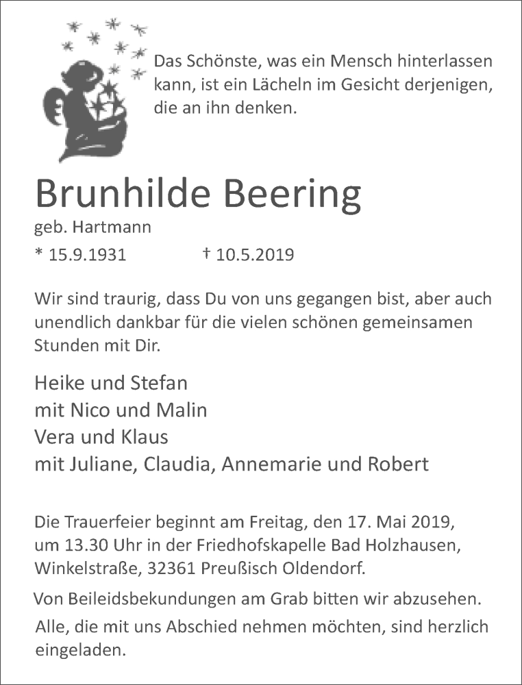  Traueranzeige für Brunhilde Beering vom 15.05.2019 aus Neue Westfälische