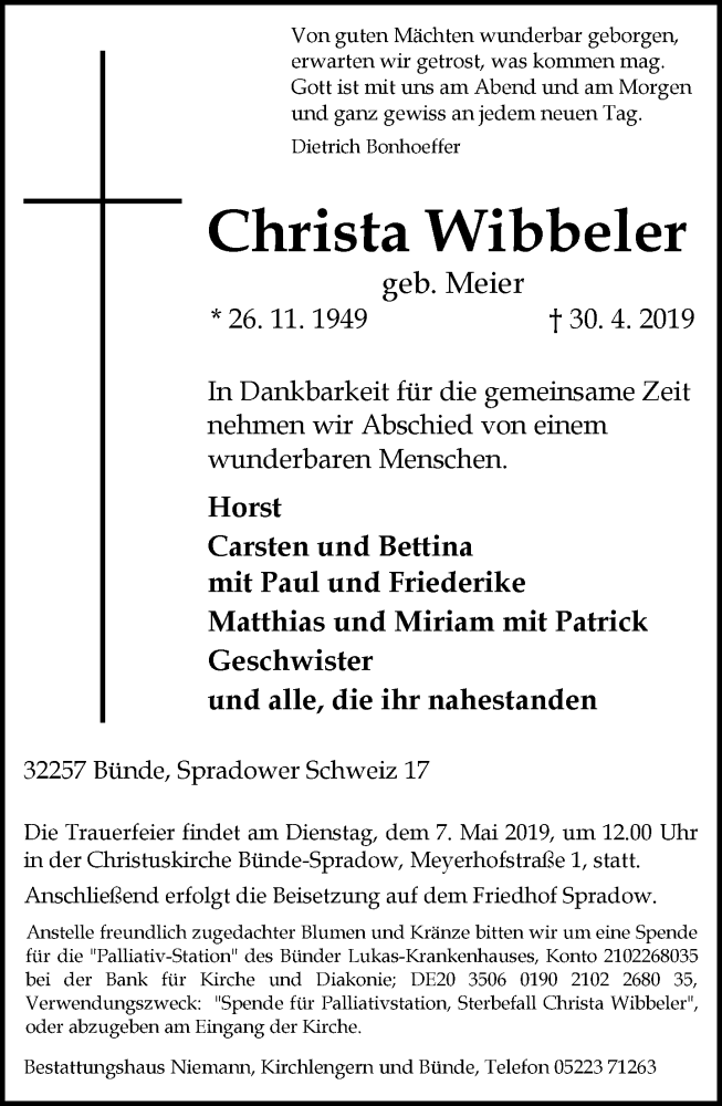  Traueranzeige für Christa Wibbeler vom 04.05.2019 aus Neue Westfälische