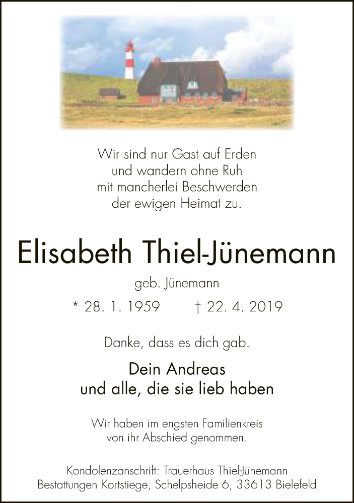  Traueranzeige für Elisabeth Thiel-Jünemann vom 11.05.2019 aus Neue Westfälische
