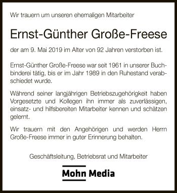 Traueranzeige von Ernst-Günther Große-Freese