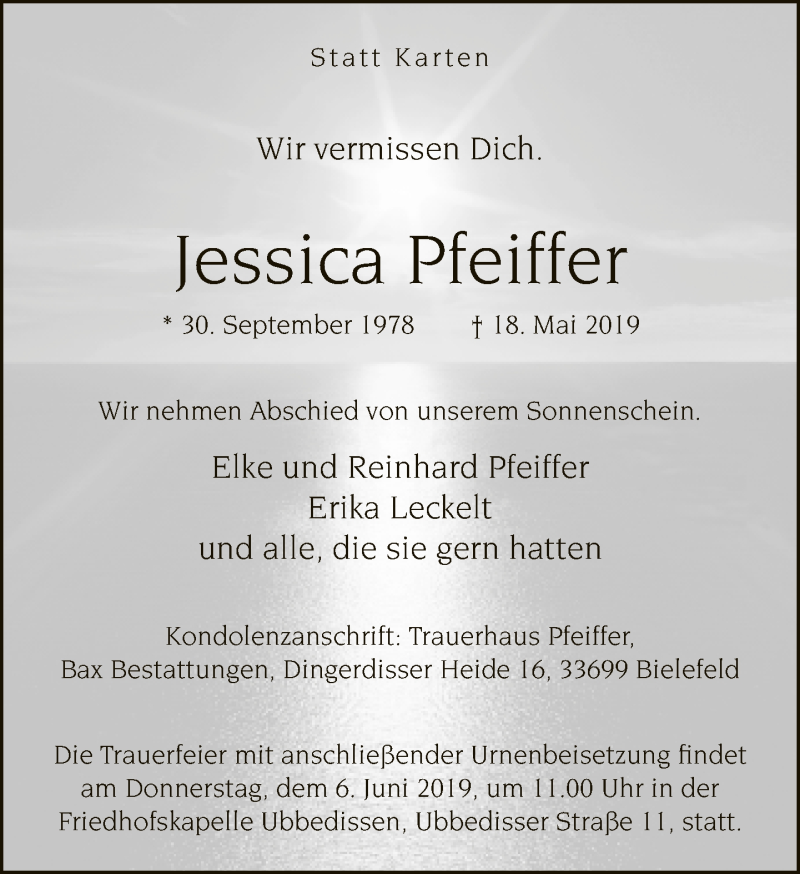  Traueranzeige für Jessica Pfeiffer vom 25.05.2019 aus Neue Westfälische