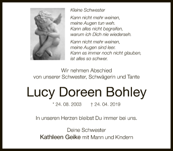 Traueranzeige von Lucy Doreen Bohley von Neue Westfälische