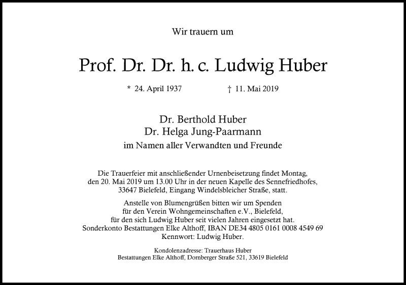  Traueranzeige für Ludwig Huber vom 15.05.2019 aus Neue Westfälische