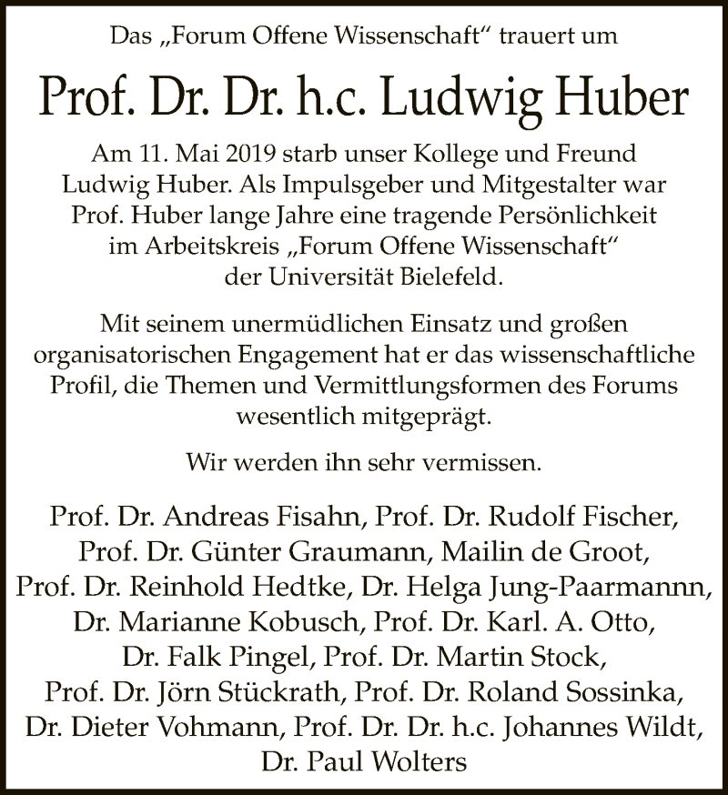  Traueranzeige für Ludwig Huber vom 18.05.2019 aus Neue Westfälische