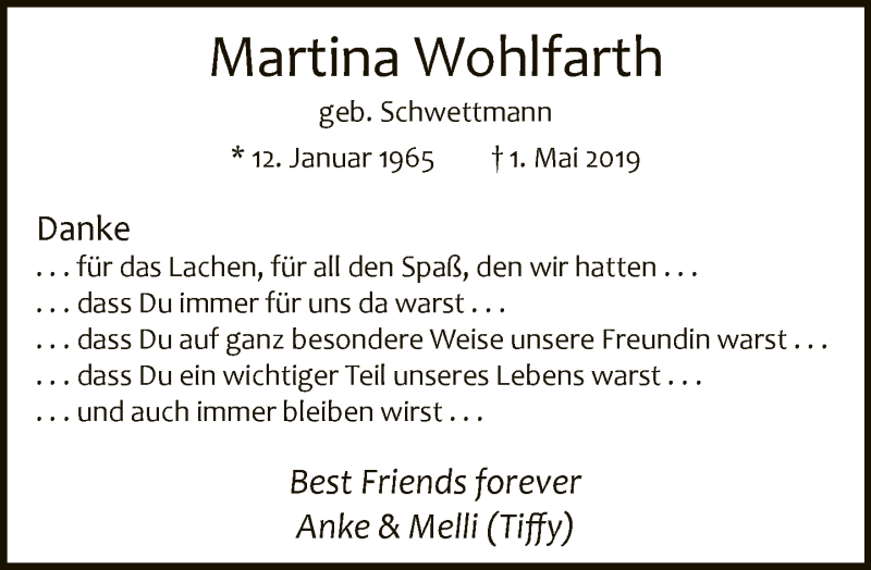  Traueranzeige für Martina Wohlfarth vom 18.05.2019 aus Neue Westfälische