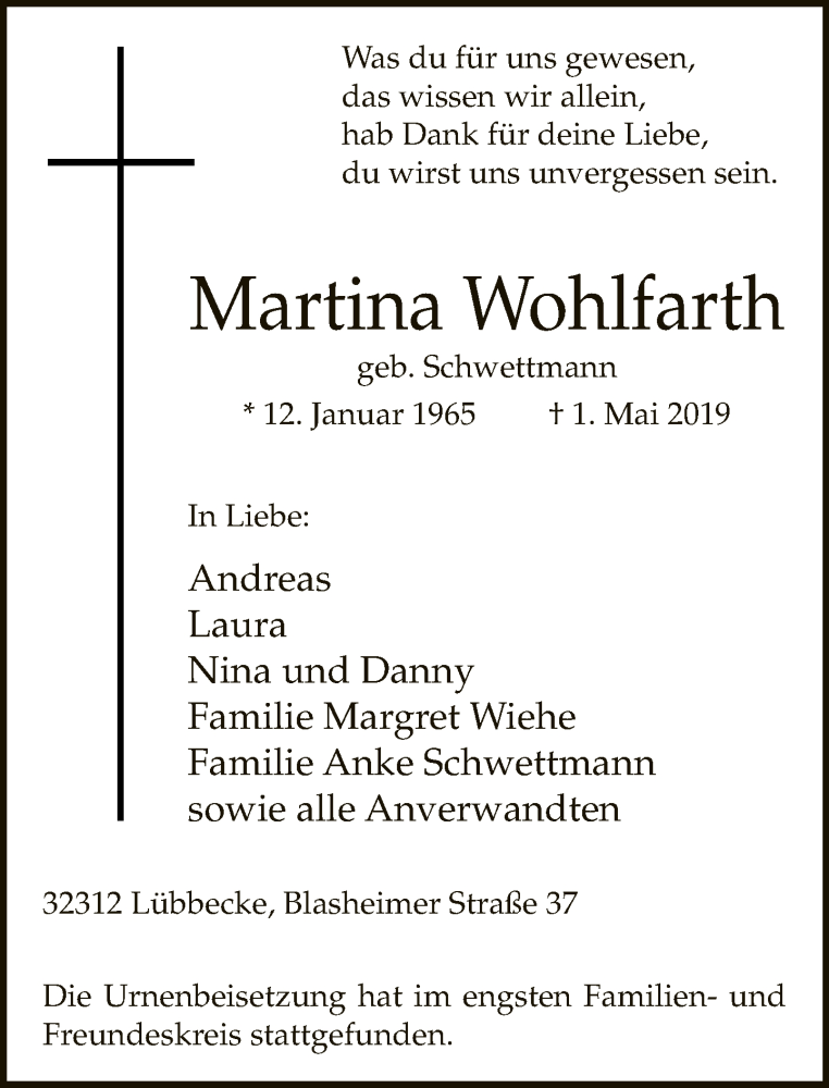  Traueranzeige für Martina Wohlfarth vom 18.05.2019 aus Neue Westfälische