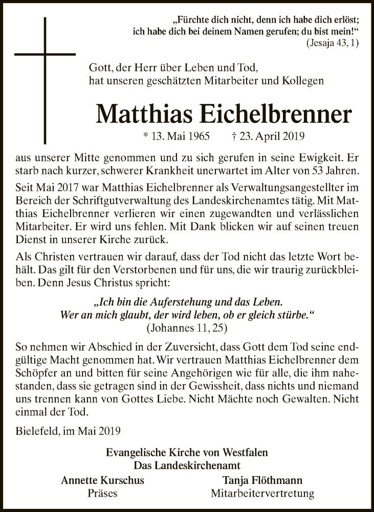  Traueranzeige für Matthias Eichelbrenner vom 17.05.2019 aus Neue Westfälische