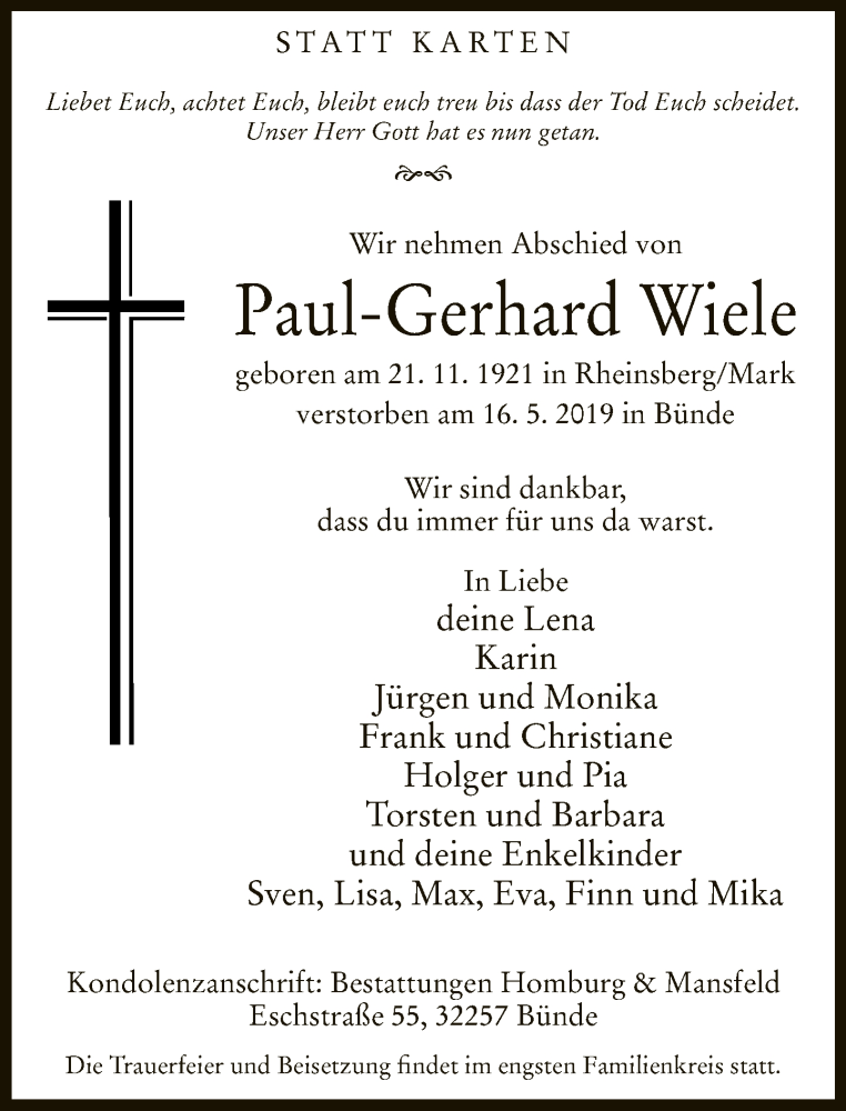  Traueranzeige für Paul-Gerhard Wiele vom 18.05.2019 aus Neue Westfälische