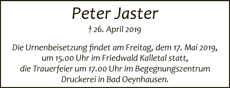  Traueranzeige für Peter Jaster vom 11.05.2019 aus Neue Westfälische