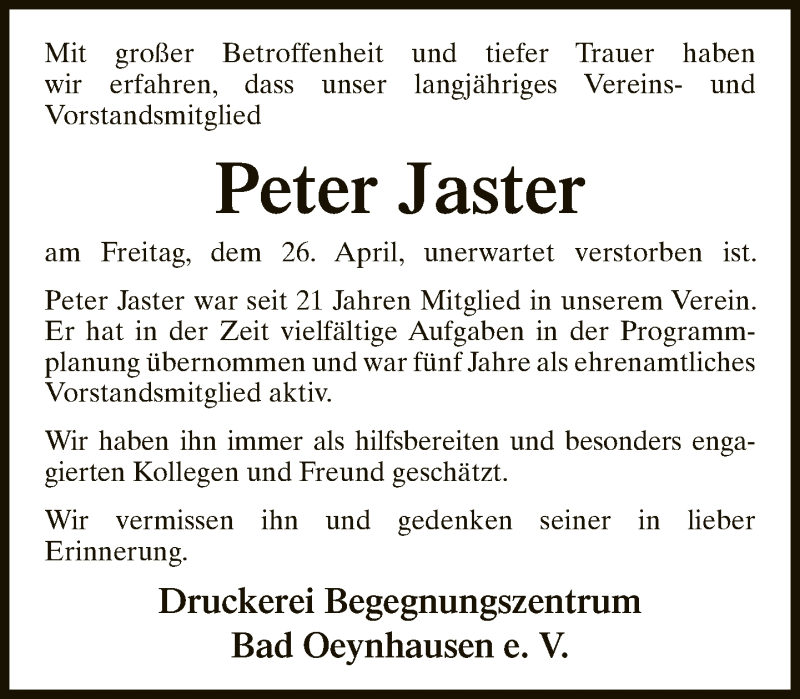  Traueranzeige für Peter Jaster vom 17.05.2019 aus Neue Westfälische