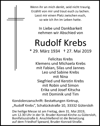 Traueranzeige von Rudolf Krebs