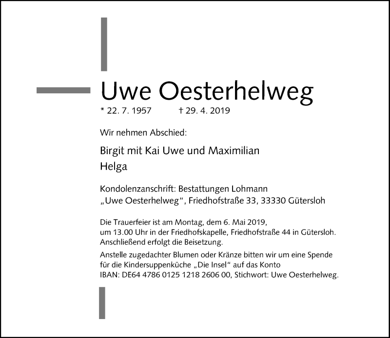  Traueranzeige für Uwe Oesterhelweg vom 01.05.2019 aus Neue Westfälische